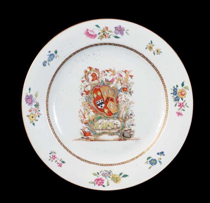 GG: Chinese export armorial porcelain dinner plate, arms of Coggan, Blackburne; Steevens